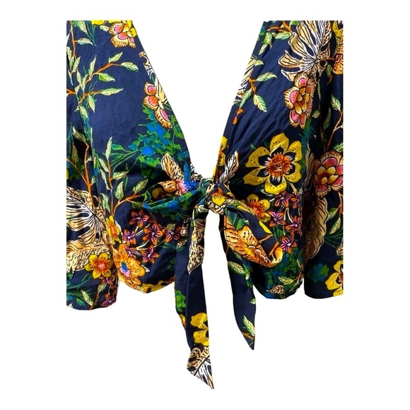 New Look Floral Tie-Front Crop Top Boho Kimono Sleeve Navy Multicolor Size M - Picture 6 of 8
